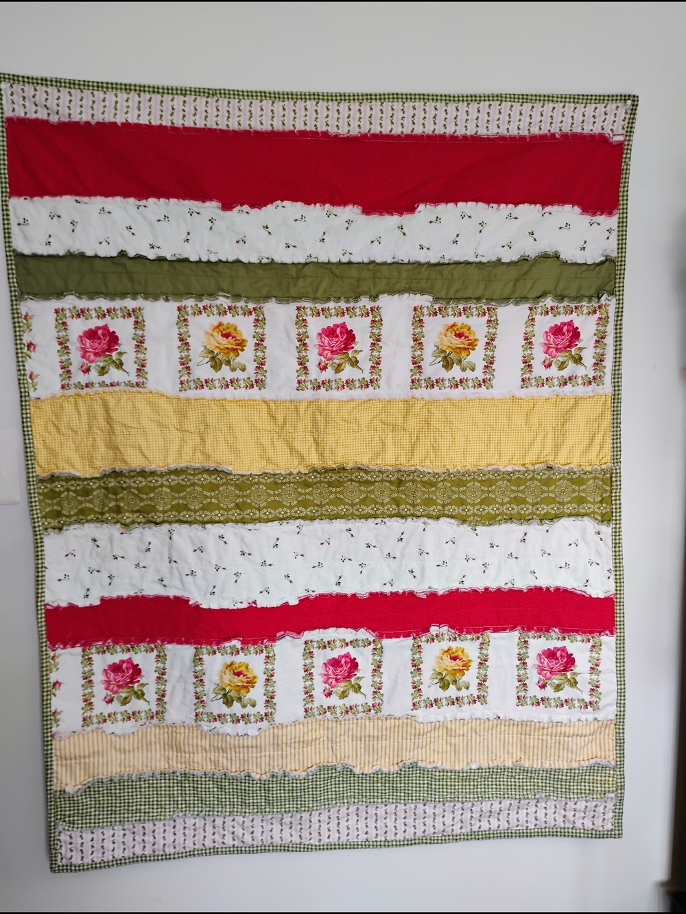 Handmade Lap Rag Striped Floral  Cotton Quilt Throw in Raspberr, Yellow, & Olive